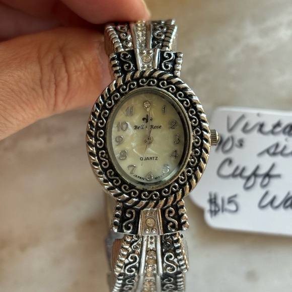 Vintage 90s Silver Tone Bella Rose Cuff Watch - Picture 6 of 6